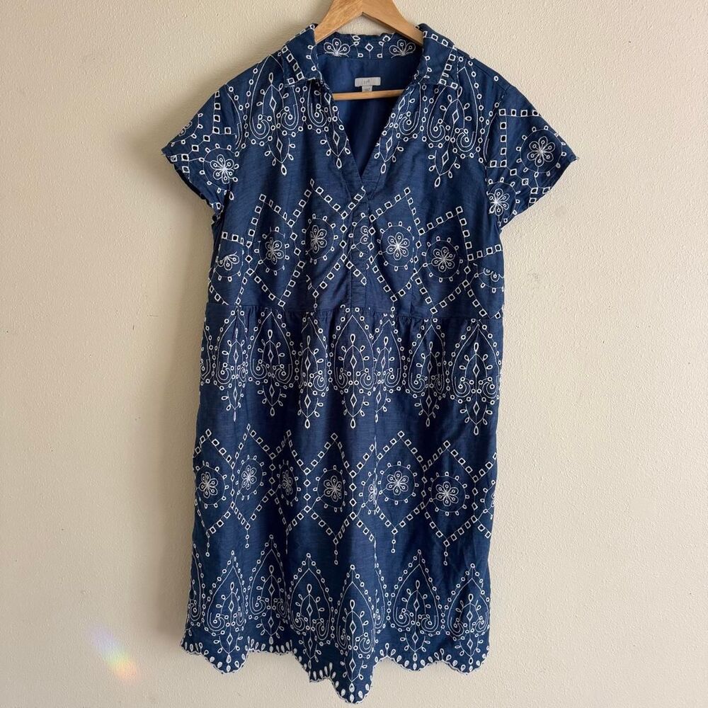 J.Jill Blue Embroidered Eyelet Cotton Coastal Midi Dress XL Boho Scalloped Hem